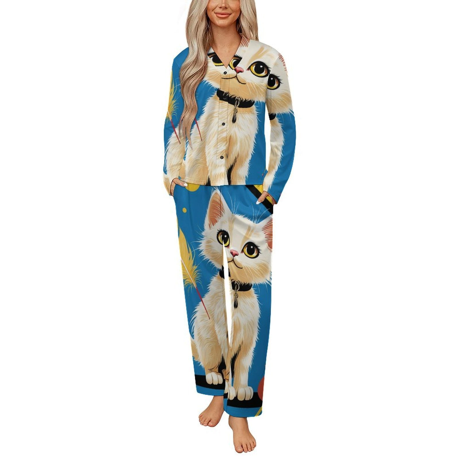 Cute Cat Pop Art Womens Pyjamas Set Button Up Pyjamas Womens with Long ...