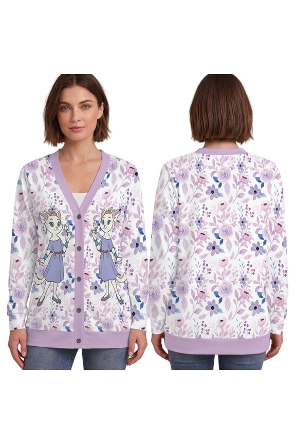 Cute Cat Princess Floral Cardigan, Vintage Aesthetic Knitted Long Sleeve, Lavender Floral Pattern Button Up Knitwear