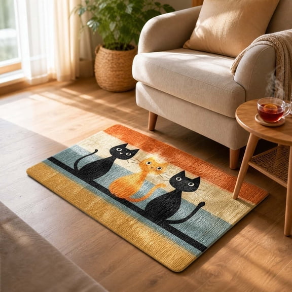 Cute Cat Print Crystal Velvet Kitchen Rug, Non-Slip Plastic Bottom Absorbent Floor Mat for Kitchen, Soft Entryway Bathroom Carpet, Washable, 20"x31"