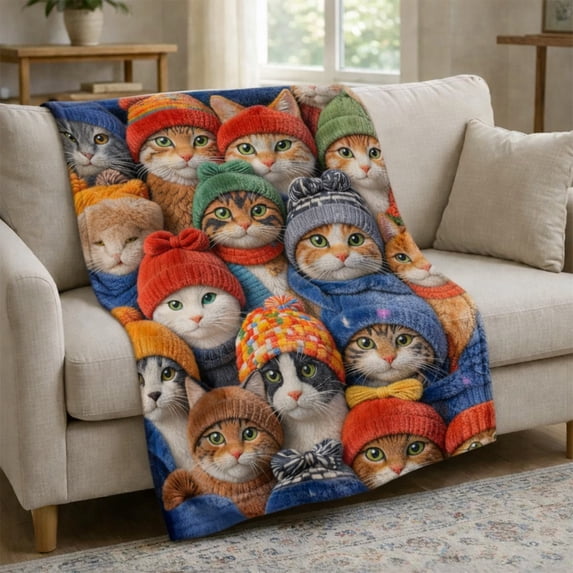 Cute Cat Print Fleece Throw Blanket, 28"x40" Soft Small Flannel Blanket for Couch Bed Decor