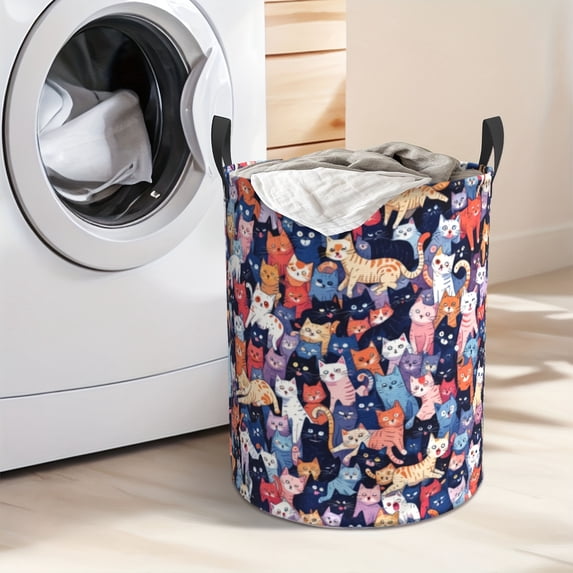 Cute Cat Print Foldable Laundry Basket - Large Capacity Oxford Fabric Material, Multi-color Cat Design Clothing and Toy Storage Basket, Essential for Home Organization, Laundry Room Accessories