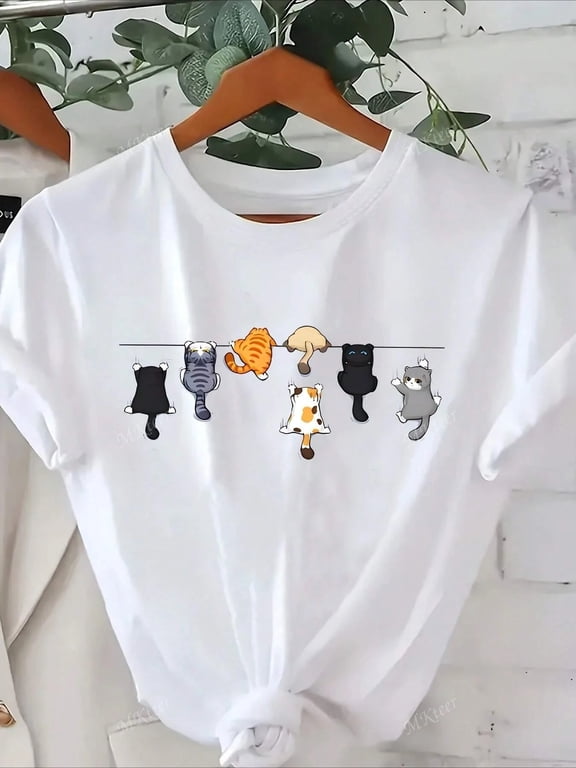 Cute Cat Print Graphic T-Shirt for Women, Cotton Short Sleeve Crew Neck