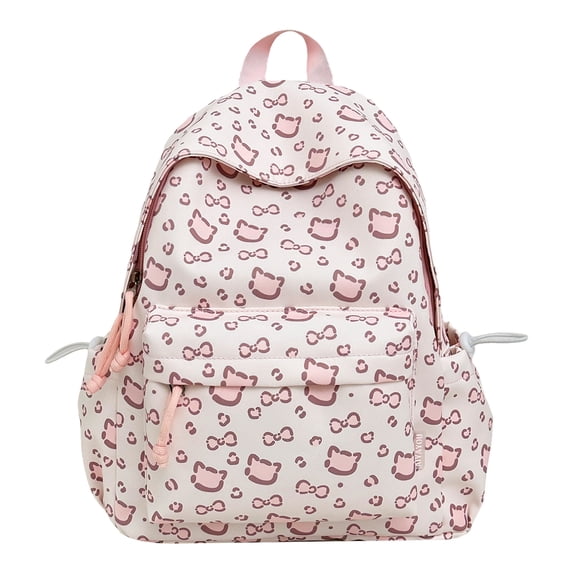 Cute Cat Print School Backpack with Pendant, Aesthetic Backpack with Drawstring Side Pockets, Waterproof Mini Bag for College Work Travel (Pink)