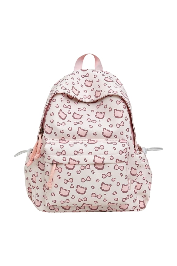 Cute Cat Print School Backpack with Pendant, Aesthetic Backpack with Drawstring Side Pockets, Waterproof Mini Bag for College Work Travel (Pink)