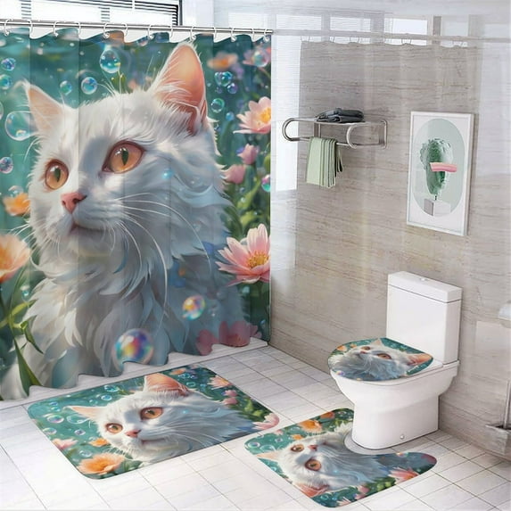 Cute Cat Print Shower Curtain Set, 4-Piece Bathroom Decor with 72" x 72" Shower Curtain, Toilet Cover Mat, U-Shaped Mat, Non-Slip Rug, Includes 12 Hooks