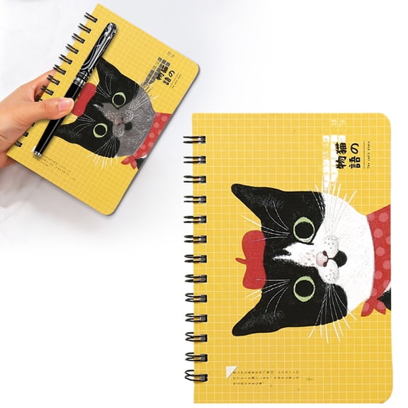 Cute Cat Print Spiral Notebook Journal, 4.92*7.28 Inch Coil Binding Notebook, Durable Lined Paper Writing Pad, Compact Portable Size for Daily Note-Taking, Words, Work & Personal Use, Yellow