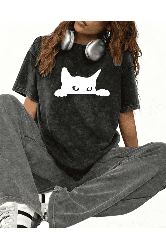 Cute Cat Print Tshirt Graphic Tees Washed Black Shirts Peekaboo Kitty S-2XL Casual Printed Classic Round Neck Tops