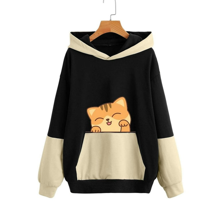 Cute Cat Printed Hoodies Fall Full Zip Hoodie Womens Sweaters For Women Teens Kawaii Woman s Hoodie Pullover Hooded Loose Plus Size Color Block Sweatshirts Hoodie for Woman Comfy Womens Hoodie Walmart...
