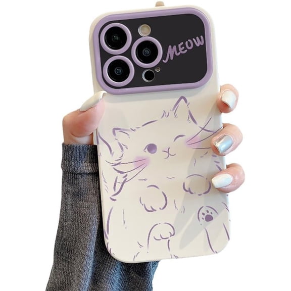 Cute Cat Purple Line Draw Meow Large Camera Lens Protector Soft for iPhone Case (White,iPhone 11 Pro Max)