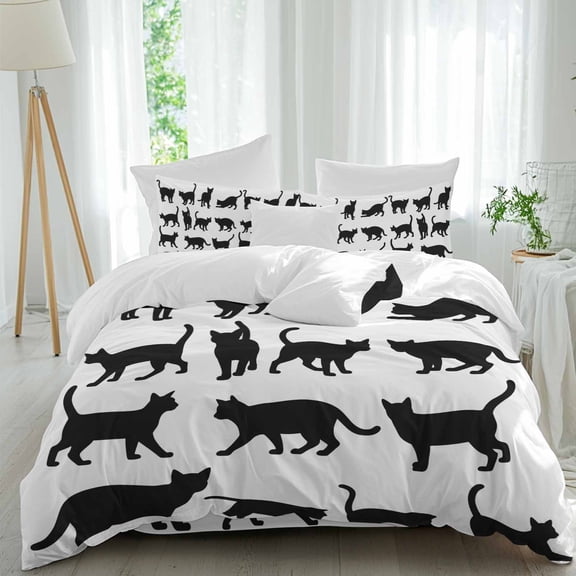 Cute Cat Queen Size Comforter Set, Black Cat Cartoon Animal White Background Bedding for All Seasons, 4 Pcs Bed Set, 1Quiltcover (90"x92") ,1Sheet(94"x116"), 2Pillowcases (30"x20")