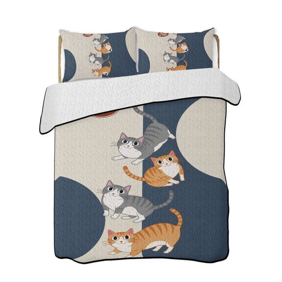 Cute Cat Quilts Bedding Set California King Harmony Japanese Style Navy Blue Beige Lightweight Quilted Bedspread 3 Piece Bed Quilt with 2 Pillow Shams All Season for Bedroom 96" x 106"