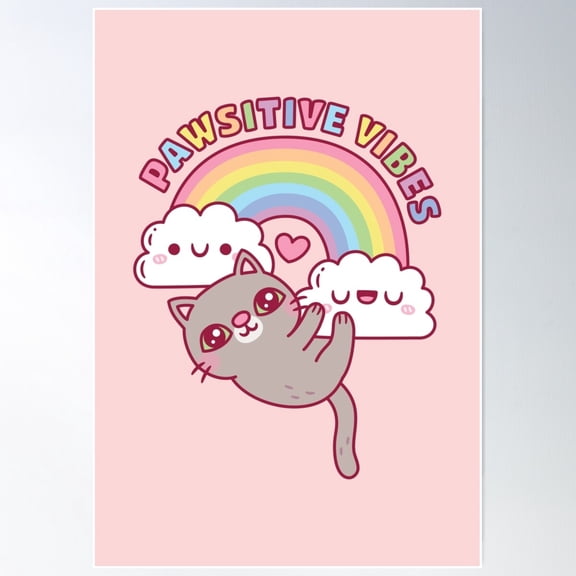 Cute Cat, Rainbow And Clouds, Pawsitive Vibes Poster Wall Art, Modern Wall Decor For Living Room Bedroom, 8x12 UNFRAMED