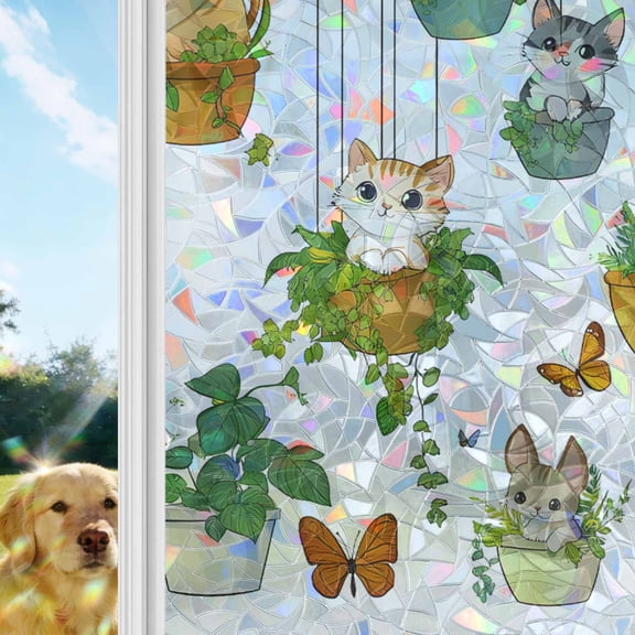 Cute Cat Rainbow Window Privacy Film, Green Potted Plant Butterfly Botanical Rustic Stained Glass Window Film, Sun Blocking Glass Clings Static Cling Non Adhesive Door Stickers 17.7 x 39.3 Inches