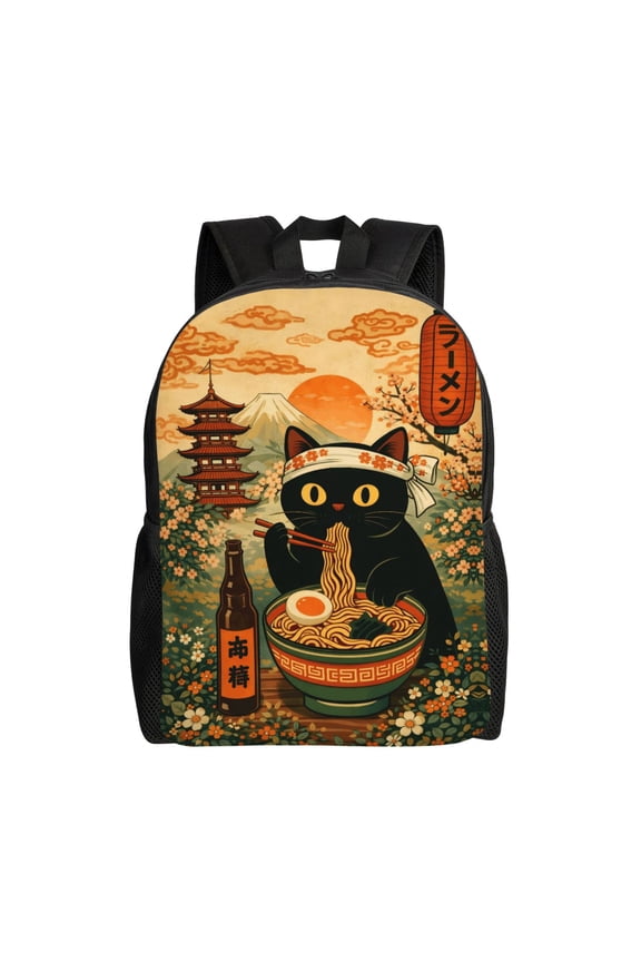 Cute Cat Ramen Pattern Backpack Full Front Print Travel Laptop Bag for Men and Women