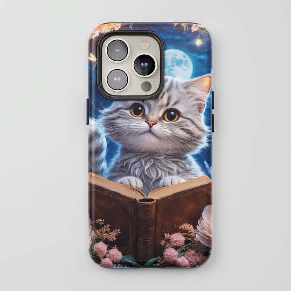 Cute Cat Reading Book For All iPhone Series Protective Phone Case Fantasy Night Sky