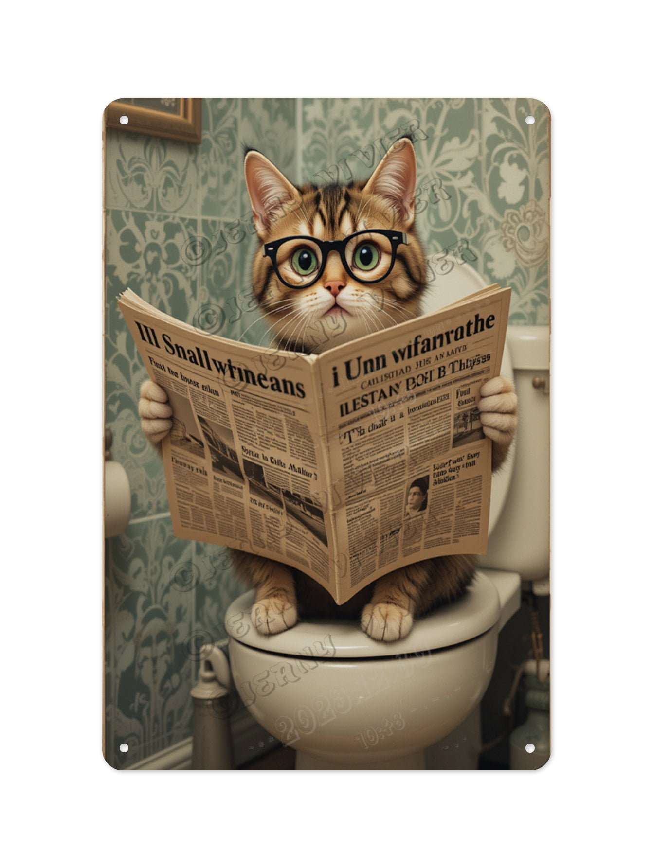 Cute Cat Reading Newspaper on the Toilet Metal Sign 12 x 16 Inches ...