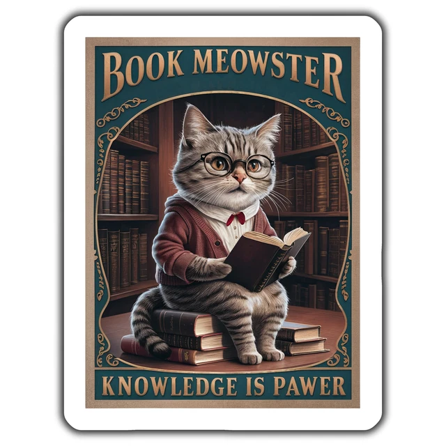 Cute Cat Reading Sticker, Book Meowster Sticker, Knowledge Is Pawer ...