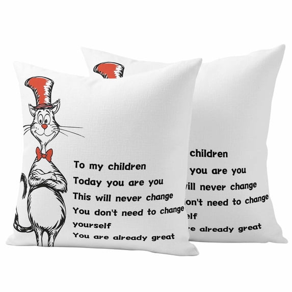 Cute Cat Red Hat Outdoor Waterproof Pillow Covers, Simple Art Healing Words Decorative Square Throw Pillowcase Sofa Cushion Sham for Patio/Couch/Chair, 18"x18" 2 Pack