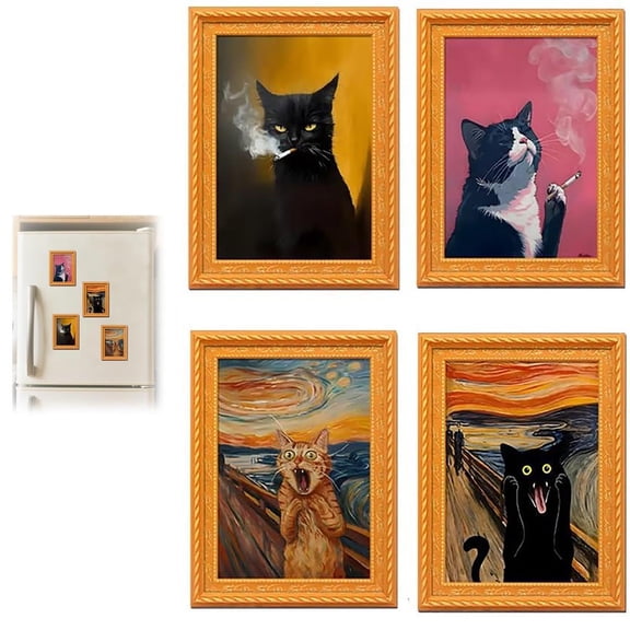 Cute Cat Refrigerator Magnets, Funny Wooden Rebellious Cat Smoking Art Print Fridge Magnets, Black and White Cats Design Magnet Refrigerator, Adorable Bamboo Cats Decor for Home Kitchen Office