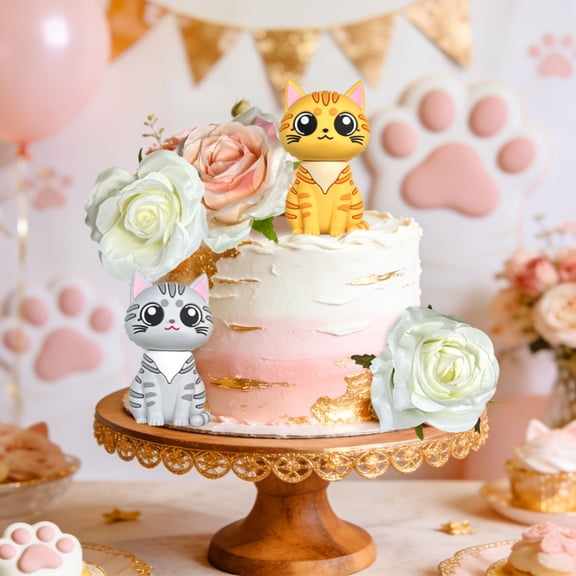 Cute Cat & Rose Cake Topper Set - Meow Theme Birthday Party Decorations for Cute & Romantic Vibe