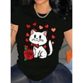 thumbnail image 1 of Cute Cat & Rose Graphic Valentine's Day Women Short Sleeve Casual T-Shirt, 1 of 6