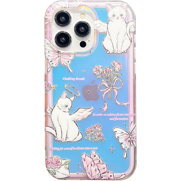 Cute Cat Roses Flowers Butterfly Hard Phone Case Compatible with iPhone Case (Pink,iPhone 12 Pro)
