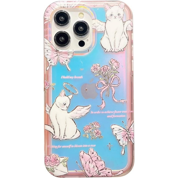 Cute Cat Roses Flowers Butterfly Hard Phone Case Compatible with iPhone Case (Purple,iPhone 14 Pro)