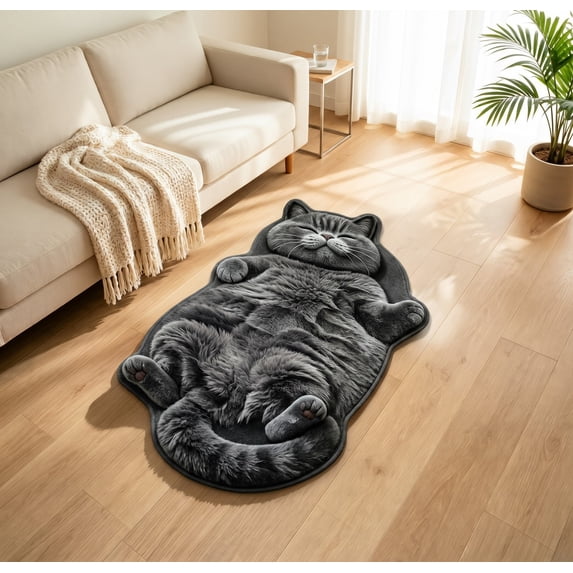 Cute Cat Shaped Area Rug Plush Soft Fluffy Kitten Doormat with Non-Slip Backing, Machine Washable Accent Carpet for Bedroom Living Room Home Decor