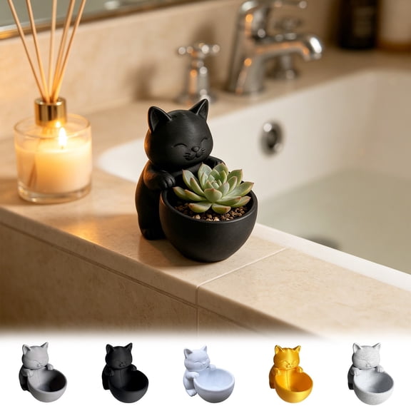 Cute Cat Shaped FlowerPot, Bowl Style Planter with Drainage Hole, Small Flower Container, Lovely Desktop Ornament for Indoor Green Plants and Floral Decoration, Light Gray