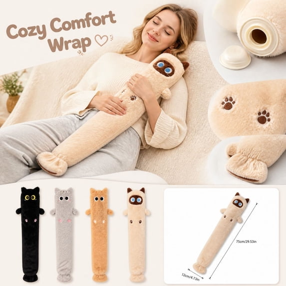Fillable Hand Cute Cat-Shaped Hot Water Bottle with Plush Cover, 29.53 Inch Rubber ...