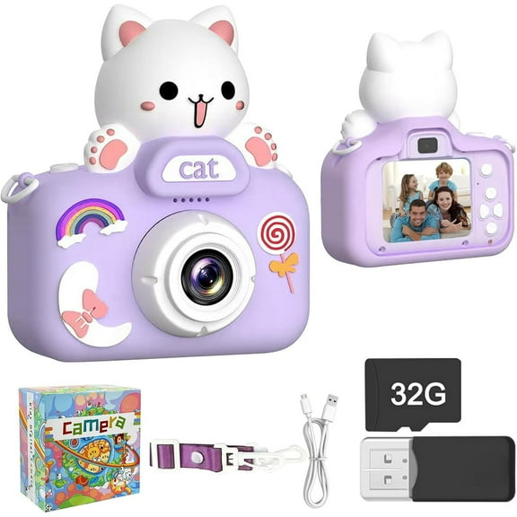Cute Cat-Shaped Kids Camera with Filters ,Purr-fect Selfie & Video Toy for Girls/Boys Ages 3-12, Durable Birthday/Christmas Gift (Purple)