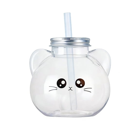 Cute Cat Shaped Portable Plastic Beverage Bottle, 16.9 oz Large Capacity, Two Cap Styles for Sealing and Drinking, Ideal for Milk Tea and Yogurt, Great for On-the-Go Use