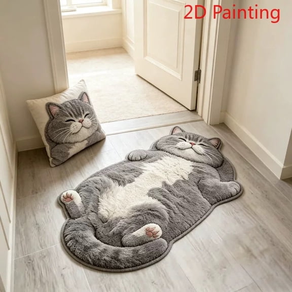 Cute Cat Shaped Rug, 2D Lying Cat Area Rug, Soft Fluffy Non-Slip Cat Bath Mat, Washable Funny Cat Floor Mat for Bedroom Bathroom Living Room, Cat Lovers Gifts