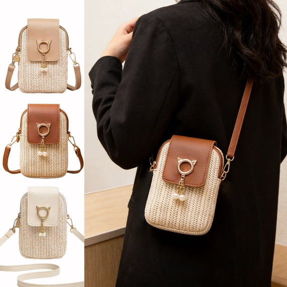 Cute Cat-Shaped Straw Woven Crossbody Phone Bag, Mini Women’s Purse ...