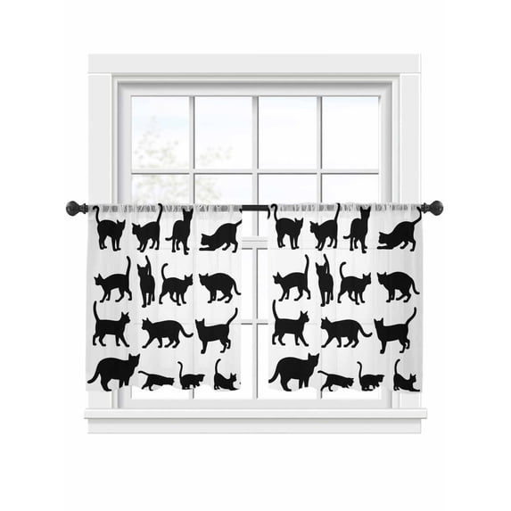Cute Cat Sheer Curtains 45 Inch Long 2 Panels, Black Cat Cartoon Animal White Background Light Filtering Rod Pocket Semi Sheer Curtains, Sheer Voile Drapes for Living Room Bedroom, 52"x45"