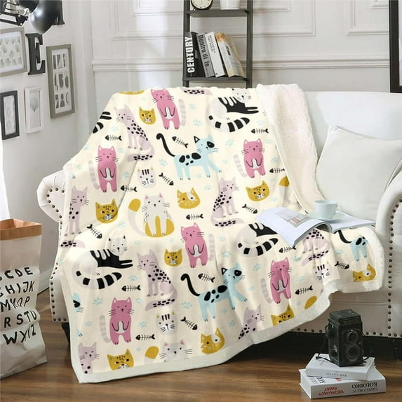 Cute Cat Sherpa Blanket for Girls Kawaii Animal Blanket for Kids Room Decoratives Blue Paws Printed Throw Blanket for Chair Fish Skull Skeleton Fleece Blanket Lovely Pet Plush Blanket Breathable