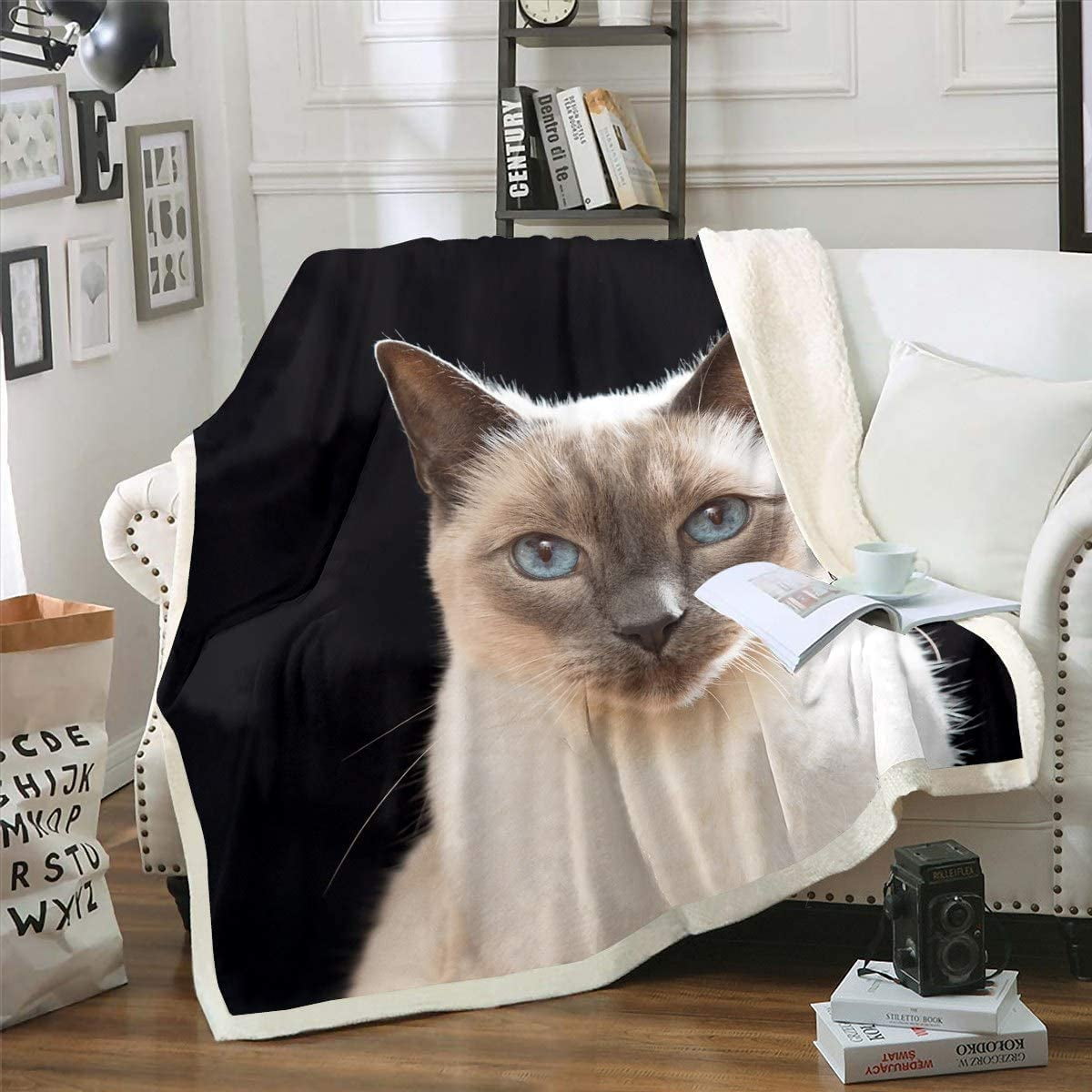 Cute Cat Sherpa Blanket Siamese Cat Fleece Throw Blanket Girls Cartoon