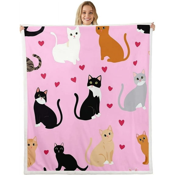 Cute Cat Sherpa Blanket Twin Size Pink Heart Cartoon Pet Animal Theme Throw Blanket for Kids Girls Children,Black Orange White Kitten Fleece Blanket Dorm Room Bedroom Decor,Soft Cozy