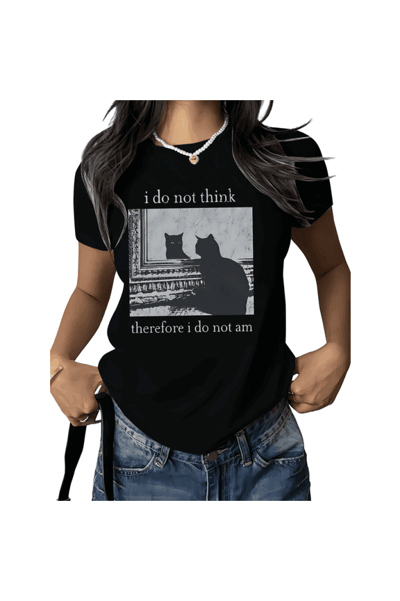 Cute Cat Shirt Graphic Tees Print Tshirt Shirts Black Women Funny Quote Cat Mirror Design Casual Summer Tee Size S-5XL Soft Daily Outfit Tops