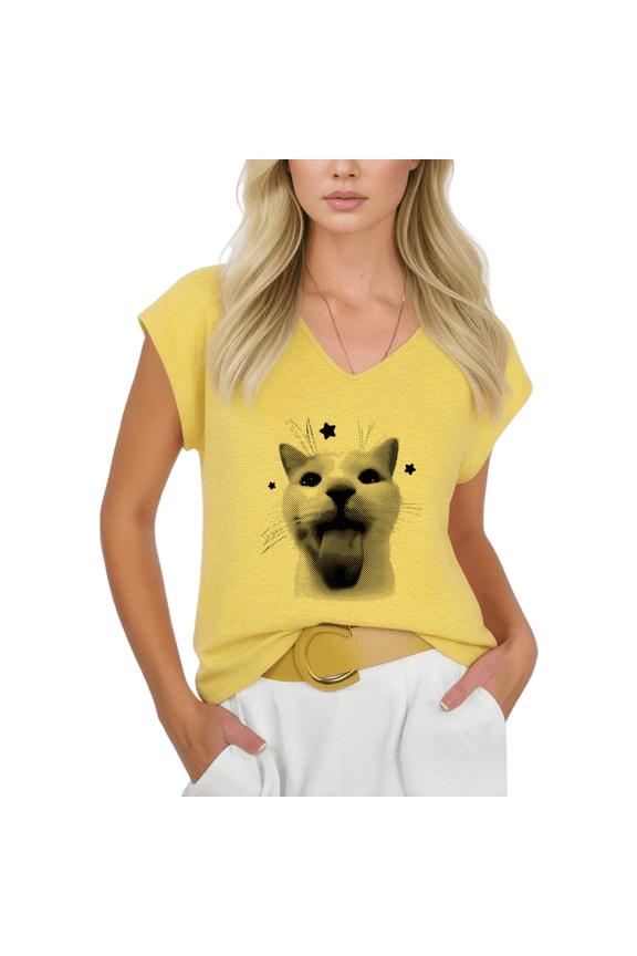 Cute Cat Shirt Graphic Tees Print Tshirt Shirts Yellow Women Funny Cat Face Meme Sleeveless Summer Tee Size S-5XL Tops