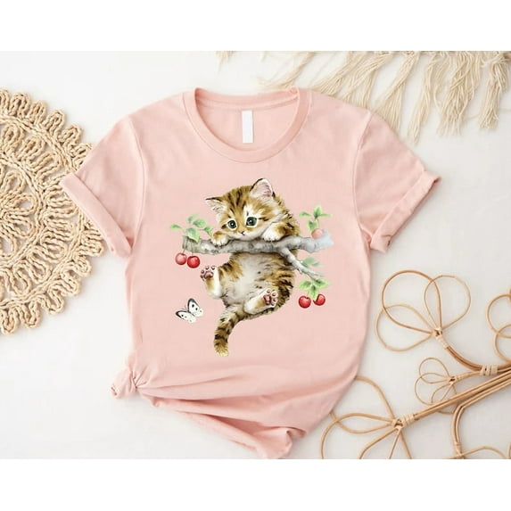 Cute Cat Shirt, Kitten Tshirt, Cherry Branch Cat Shirt, Meow Shirt, Cat Lover Gift, Cat And Butterfly Tshirt,Nature Lover Gift,Fur Mom Shirt