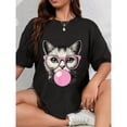 thumbnail image 1 of Cute Cat Shirt for Women, Graphic Tee, Funny Cat Lovers T-Shirt, Comfort Tops,Round neck ,Fashion ,cotton ,black ,S-5XL, 1 of 1