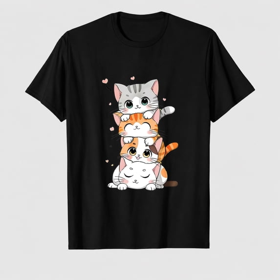 Cute Cat Shirts Trendy Anime Graphic Tees Kawaii Cartoon Short Sleeve Crewneck Shirt Summer Tops