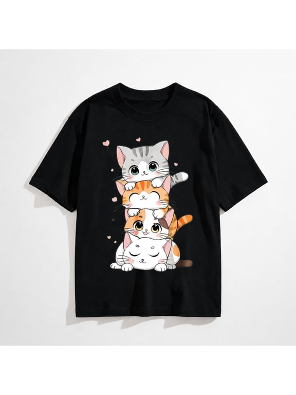 Cute Cat Shirts Trendy Anime Graphic Tees Kawaii Cartoon Short Sleeve Crewneck Shirt Summer Tops