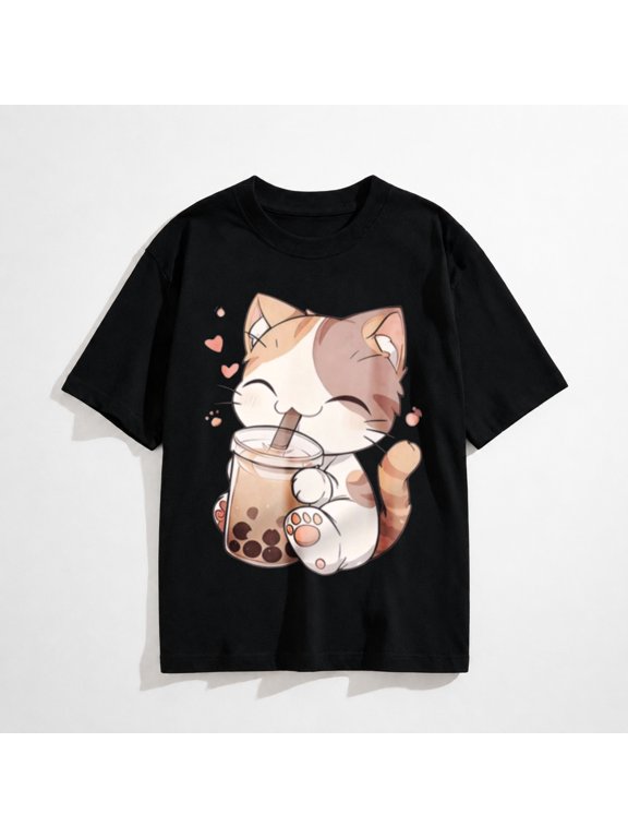 Cute Cat Shirts for Graphic Tees Bubble Tea Tshirt Kawaii Cartoon Animal Print T Shirt Summer Cotton Tops