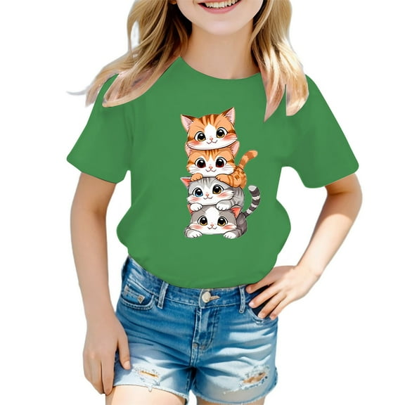 Cute Cat Shirts for Kids Short Sleeve Tops Birthday Girl Shirt Cartoon Graphic Tee 100 Days of School Shirts Summer Clothes A03 Green 11-12 Years