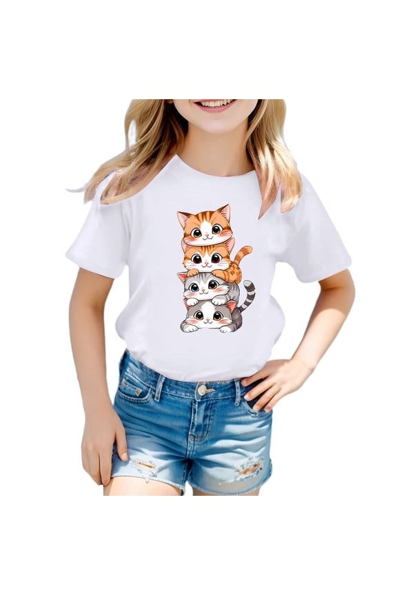 Cute Cat Shirts for Kids Short Sleeve Tops Birthday Girl Shirt Cartoon Graphic Tee 100 Days of School Shirts Summer Clothes A03 White 5-6 Years