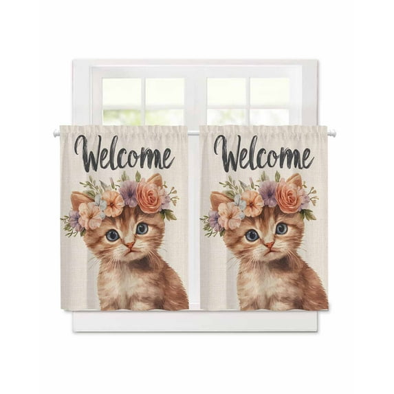 Cute Cat Short Blackout Curtains 36 Inch Long Garland Welcome Retro Rod Pocket Kitchen Curtains, 2 Panels Thermal Insulated Room Darkening Drapes for Bedroom, 30"W x 36"L