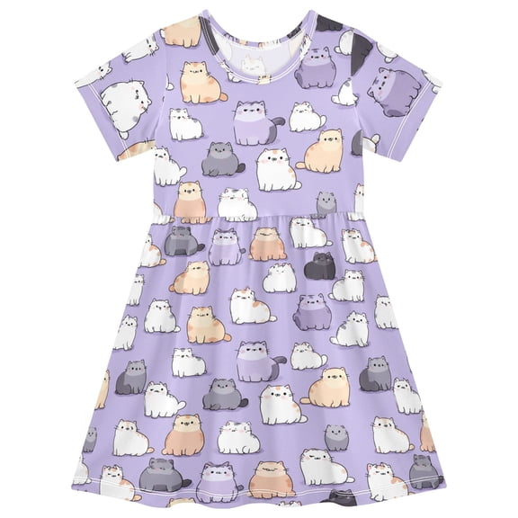 Cute Cat Short Sleeve Dress A-Line Cute Midi Casual Sundress 2-8 Years