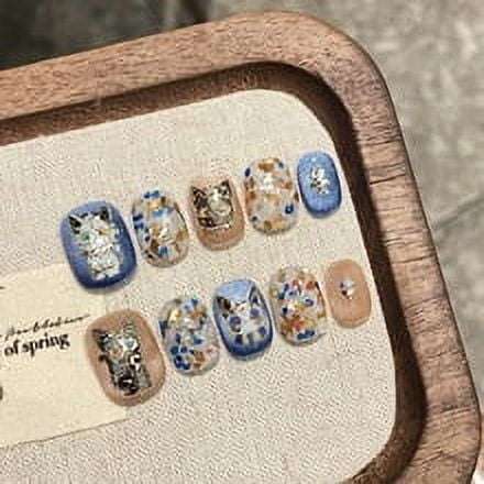 Cute Cat Short Square Press On Nails for Woman Acrylic Handmade Nails Long Lasting Charming Wishes